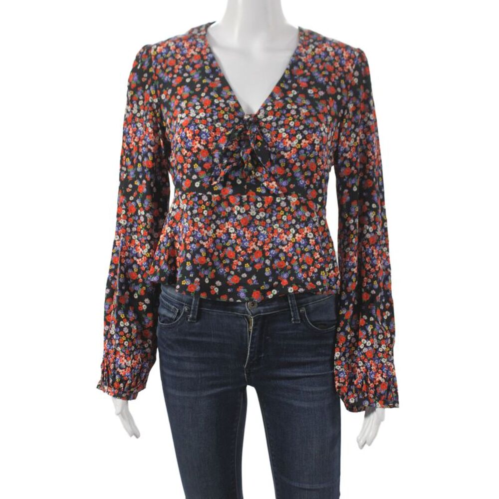 Intermix Women Floral Silk V-Neck Tie Long Sleeve Blouse Size 4